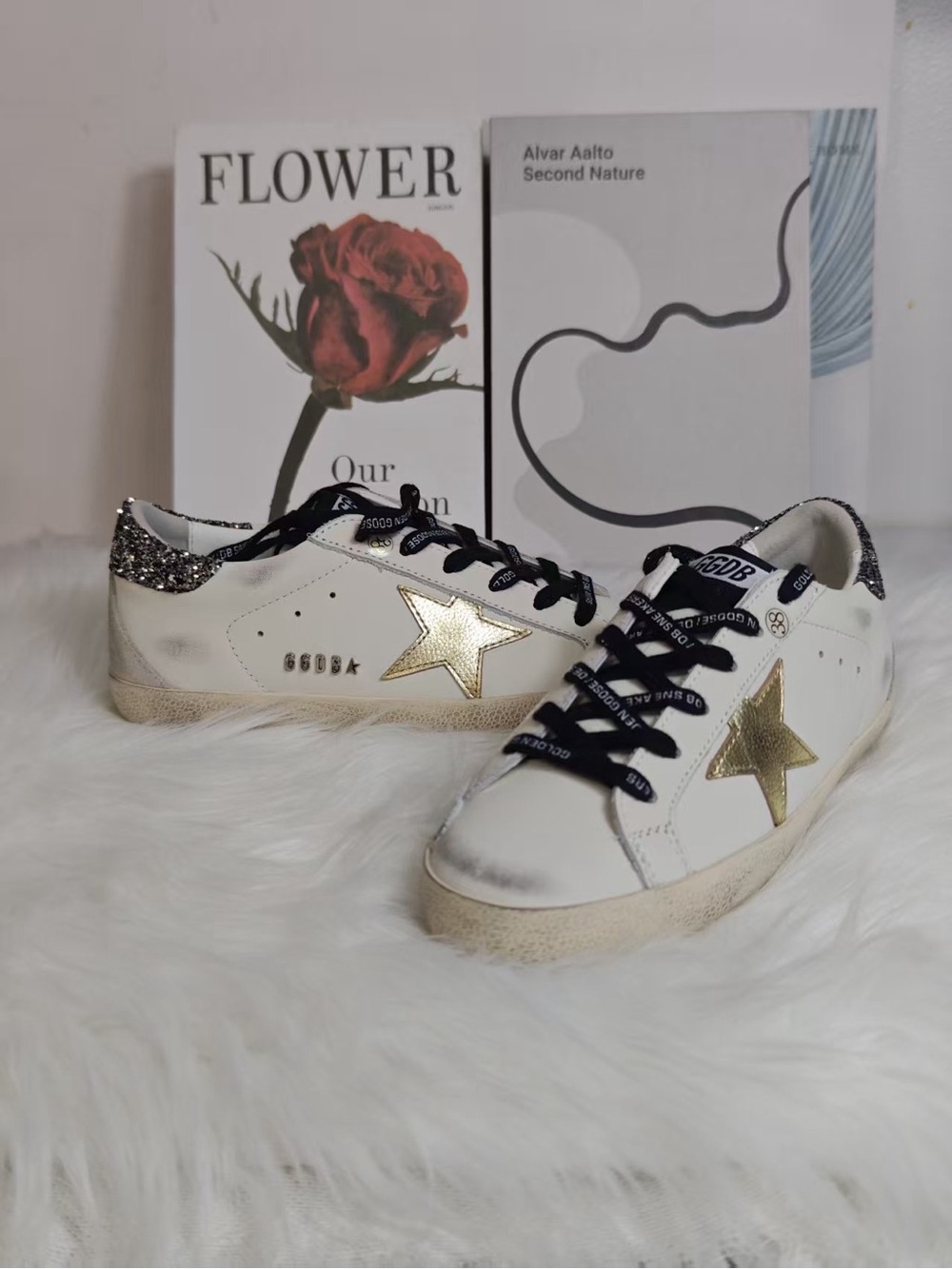 Golden Goose White Sneakers with Gold Star and Black Laces